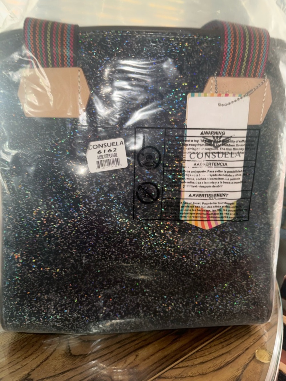 Gorgeous Consuela Multi Color Holographic Glitter Tote with Striped Handles - Picture 6 of 13
